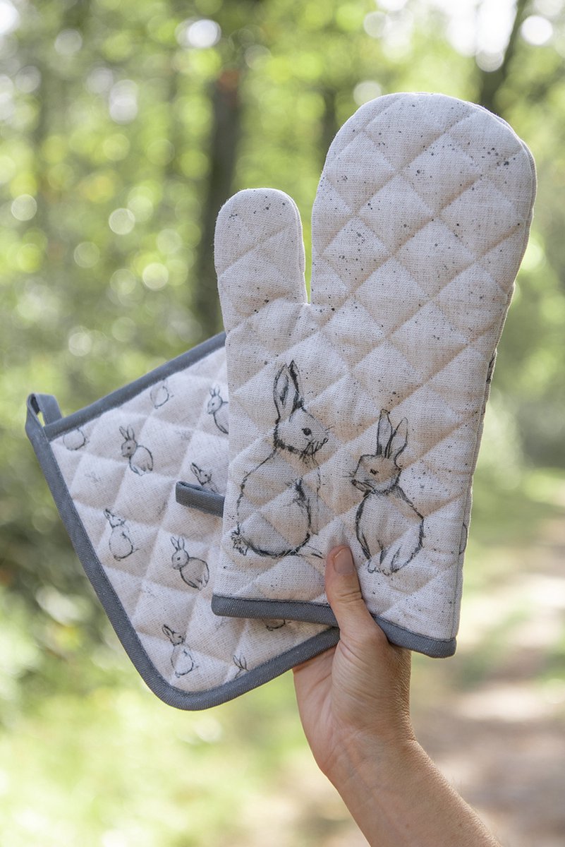 Clayre & Eef Ovenwant 18x30 cm Beige Grijs Katoen Konijn