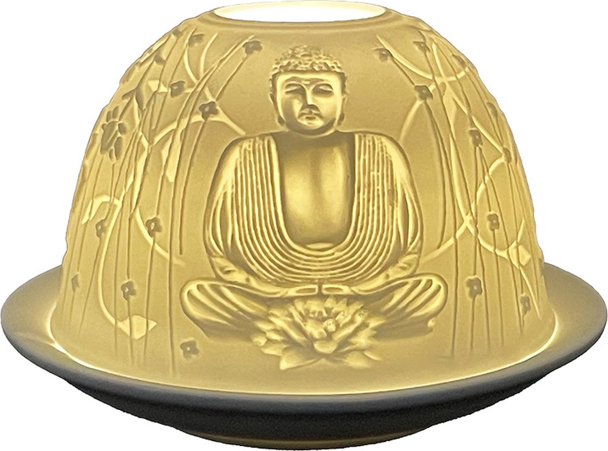 Clayre & Eef Waxinelichthouder Ø 12x8 cm Wit Porselein Boeddha