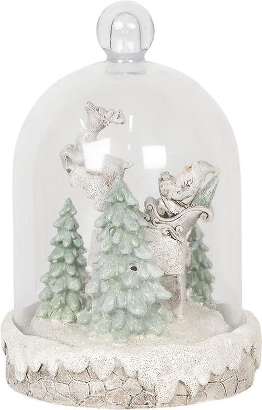 Clayre & Eef Glazen Stolp Ø 13*18 cm Wit Kunststof Glas Rond Kerststolp Stolp met Decoratie