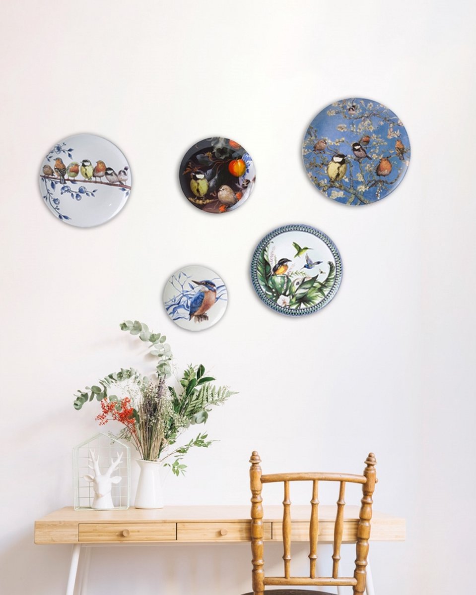 Heinen Delfts Blauw Wandbord Bosvogels In De Stad - Keramiek - Blauw - 27 x 27 x 0 cm (BxHxD)