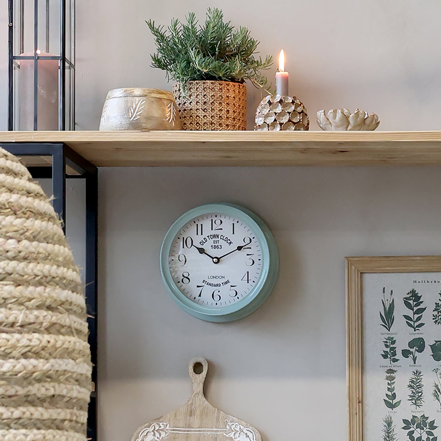 Chic Antique Wandklok – Vintage – Groen – Ø 22,5 cm – IJzer en Glas