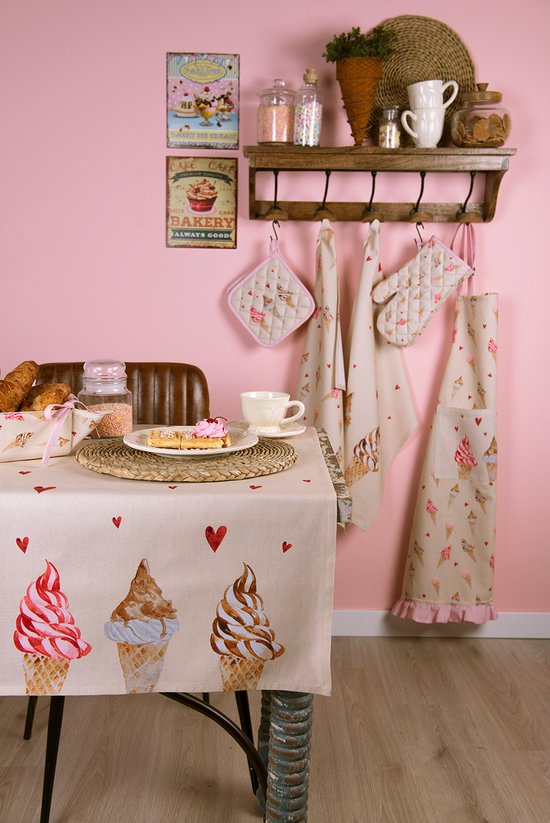 Clayre & Eef Keukenschort 70x85 cm Beige Roze Katoen Ijsjes BBQ Schort