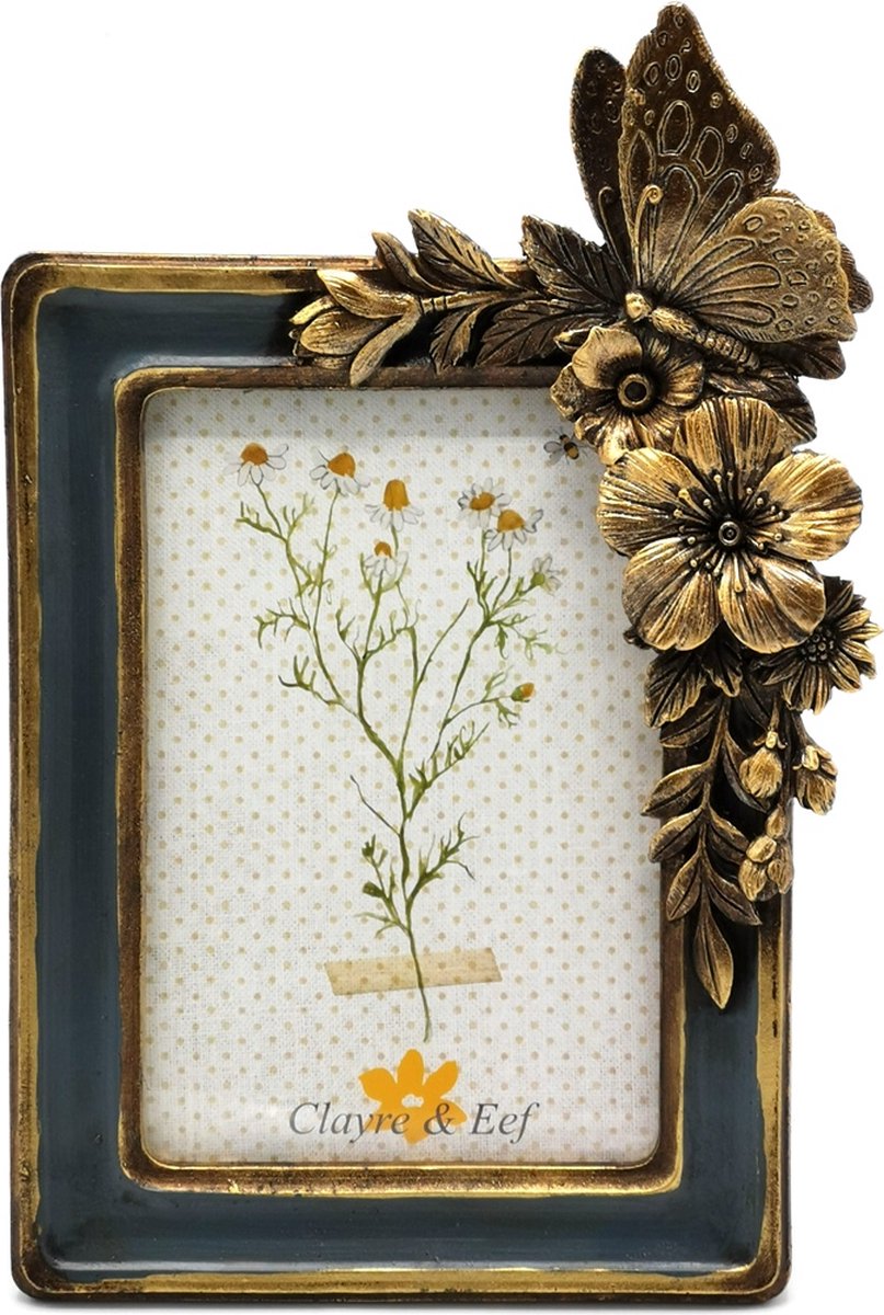 Clayre & Eef Fotolijst 10x15 cm Groen Goudkleurig Kunststof Glas Bloemen Fotokader