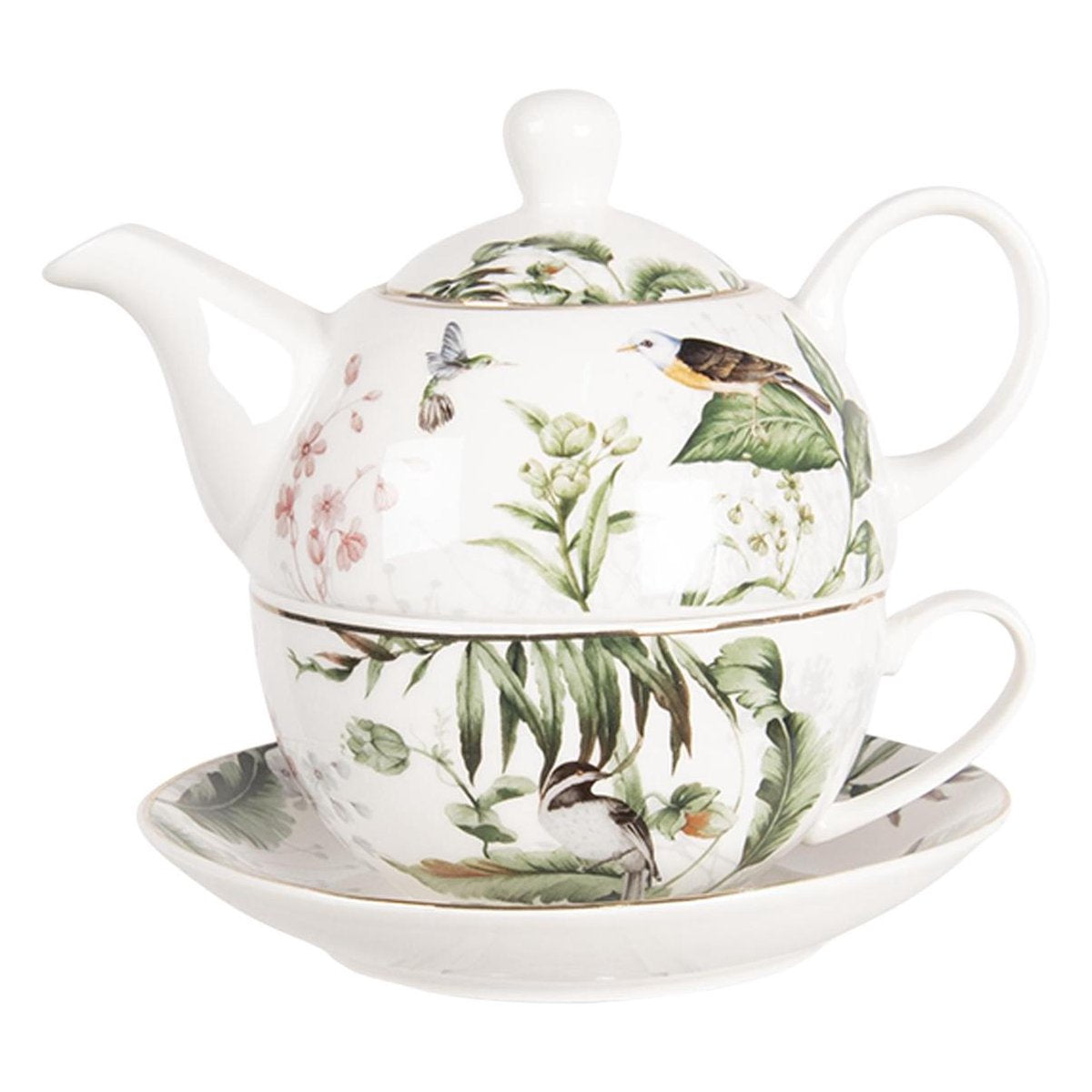 Clayre & Eef Tea for One 460 ml Wit Groen Porselein Vogels Theepot set