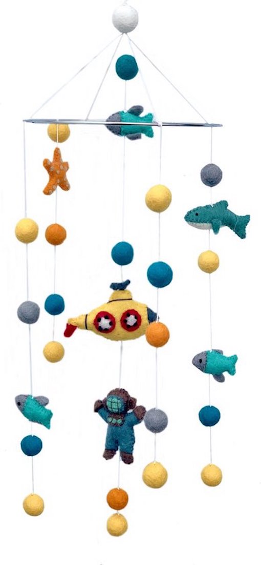 Mobiel Onderzeeër/Duiker/Zeeleven - 21cm - Vilten Figuren - BeYoona - Fairtrade - Decoratie voor boven Bed, Box of als Babykamer Accessoire