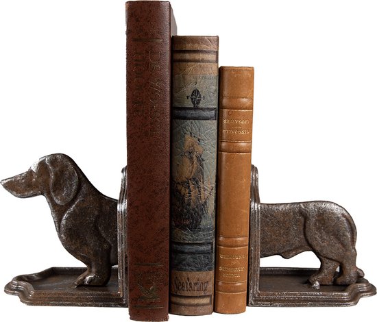 Clayre & Eef Boekensteunen Set van 2 Hond Teckel 23x8x13 cm Bruin Ijzer Boekenhouders Boekensteun