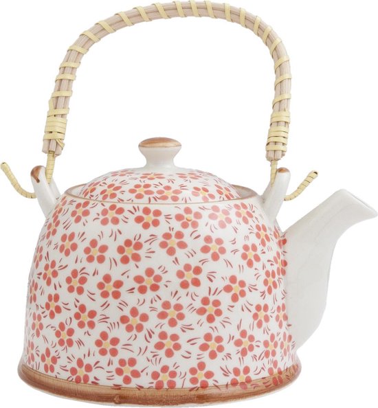 Clayre & Eef Theepot met Filter 18*14*12 cm / 700 ml Rood Keramiek Rond Bloemen Theekan Cadeau voor haar Chinese Theepot
