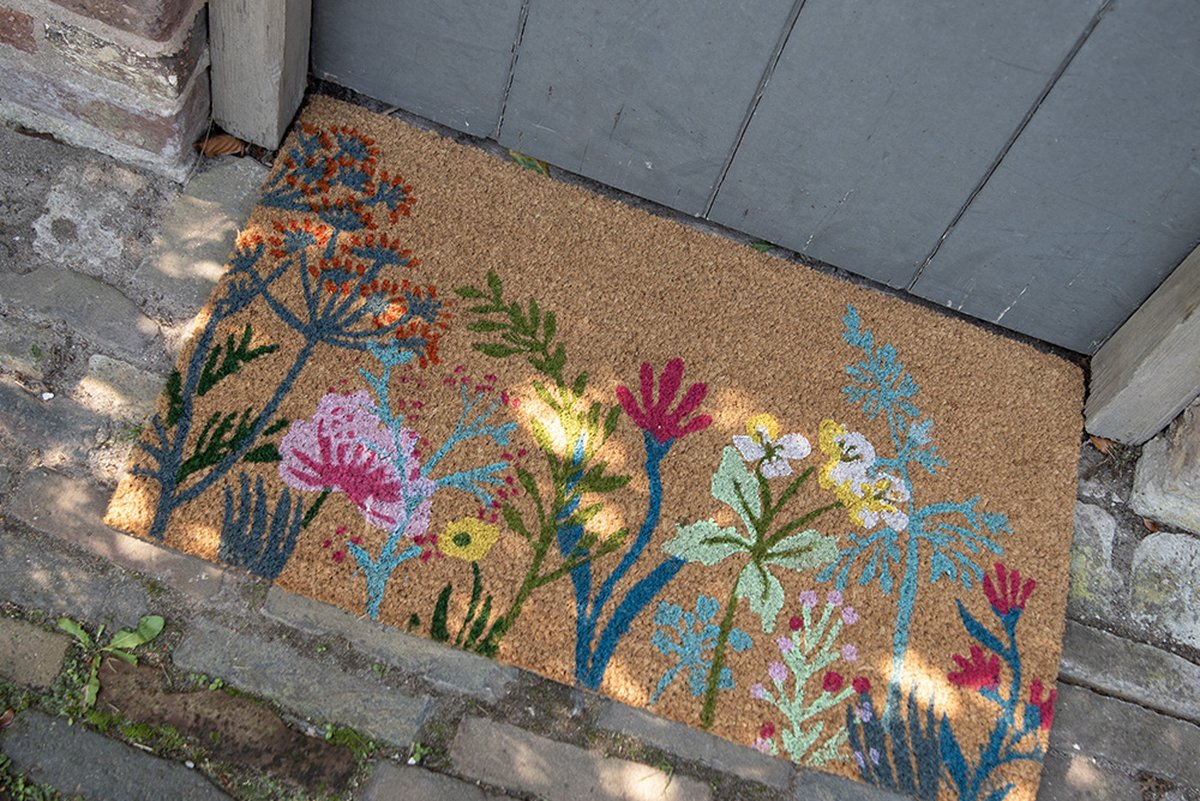Clayre & Eef Deurmat 75x45 cm Bruin Kokosvezel PVC Bloemen Kokosmat