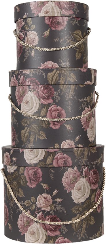 Clayre & Eef Hoedendoos Set van 3 Ø 23*20 cm Zwart Karton Bloemen Opbergdoos