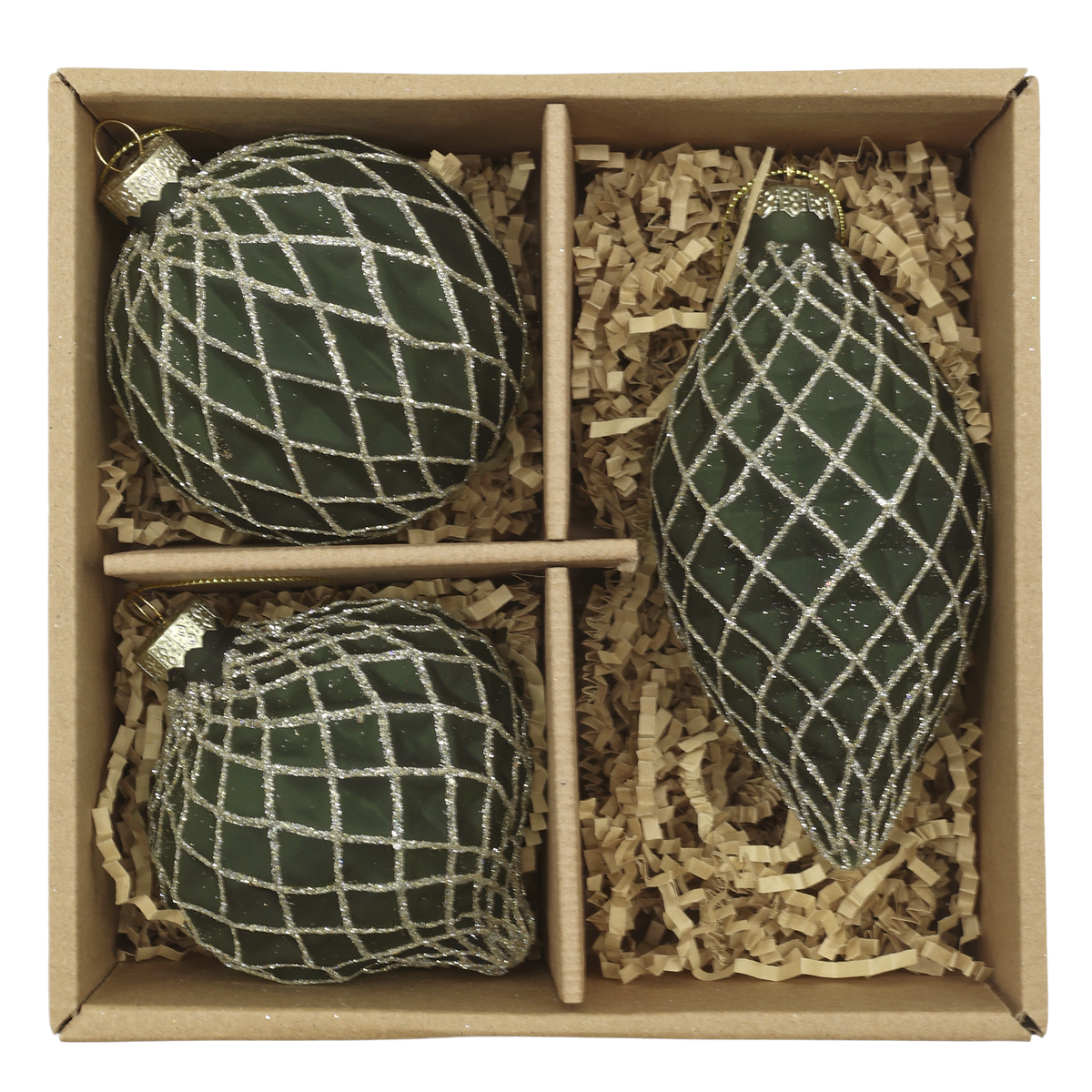 Chic Antique Glazen Kerstballen – Olijfgroen en Goud– Set van 3 – Kersthangers met Glitter – Luxe Kerstboomdecoratie