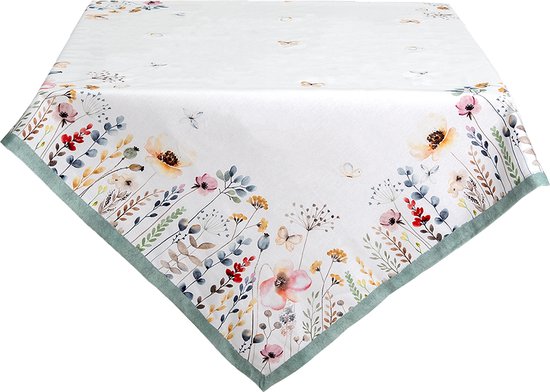 Clayre & Eef Tafelkleed 130*180 cm Wit, Groen Katoen Rechthoek Bloemetjes Tafellaken Tafellinnen Tafeltextiel