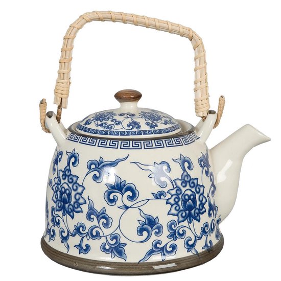 Clayre & Eef Theepot met Filter 18*14*12 cm / 700 ml Blauw Keramiek Rond Bloemen Theekan Cadeau voor haar Chinese Theepot