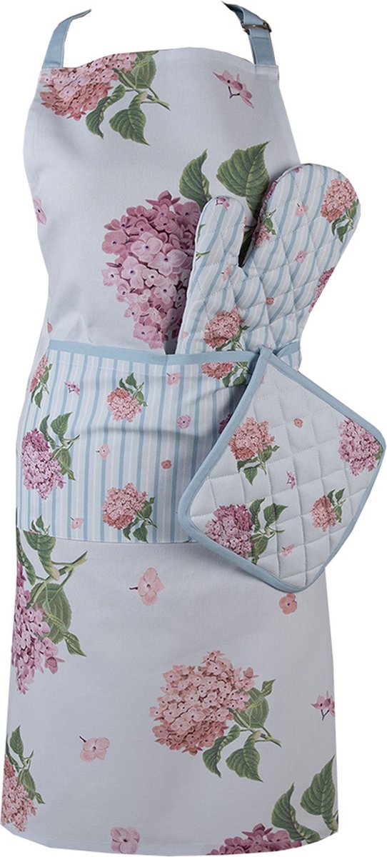 Clayre & Eef Keukenschort 70x85 cm Blauw Roze Katoen Hortensia