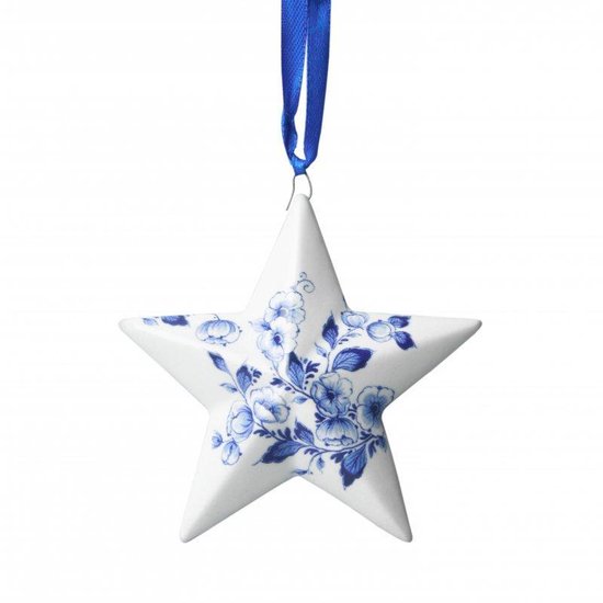 Kerstster hanger met bloemen | Heinen Delfts Blauw | 2 stuks | Kerstversiering