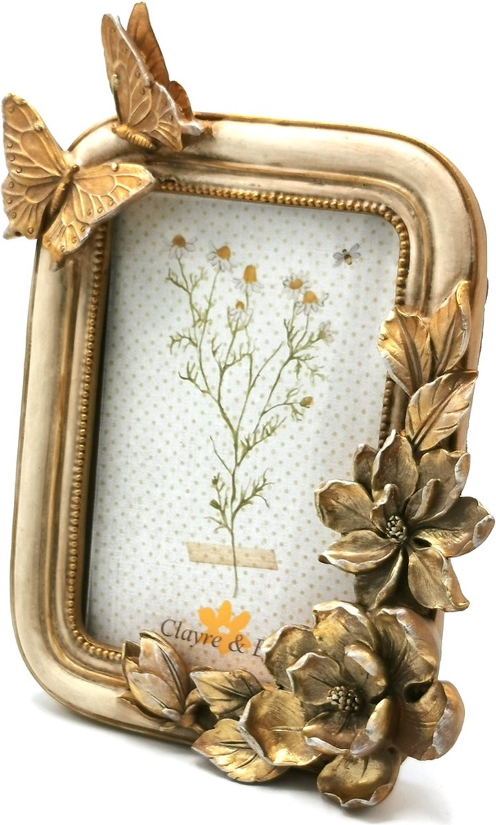 Clayre & Eef Fotolijst 10x15 cm Goudkleurig Kunststof Glas Bloemen Fotokader