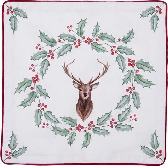 Clayre & Eef Kussenhoes 40*40 cm Wit Rood Katoen Vierkant Hulstblaadjes, rendier Sierkussenhoes Kussen hoes