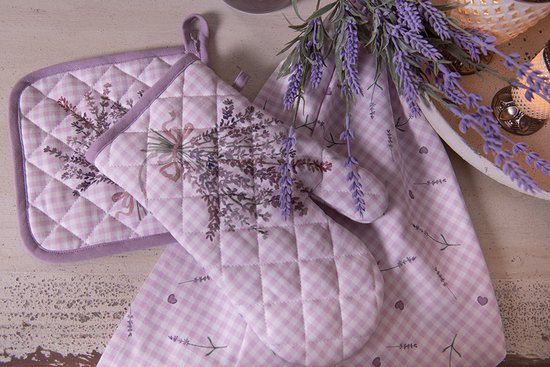 Clayre & Eef Ovenwant 18*30 cm Paars Wit Katoen lavendel Ovenhandschoen Cadeau voor haar