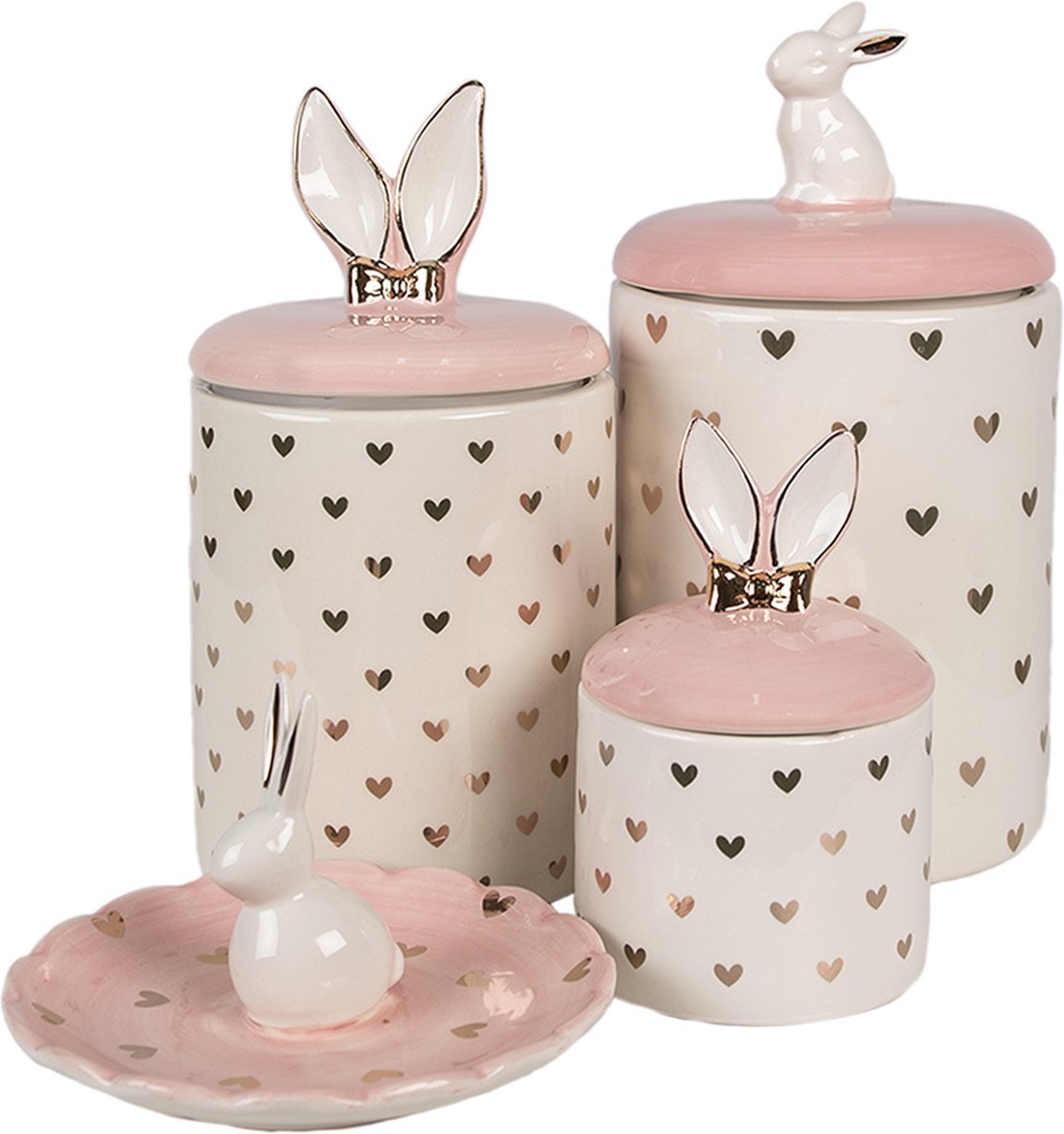 Clayre & Eef Voorraadpot Konijn Ø 13x30 cm Roze Wit Keramiek Hartjes Voorraadpot Deksel