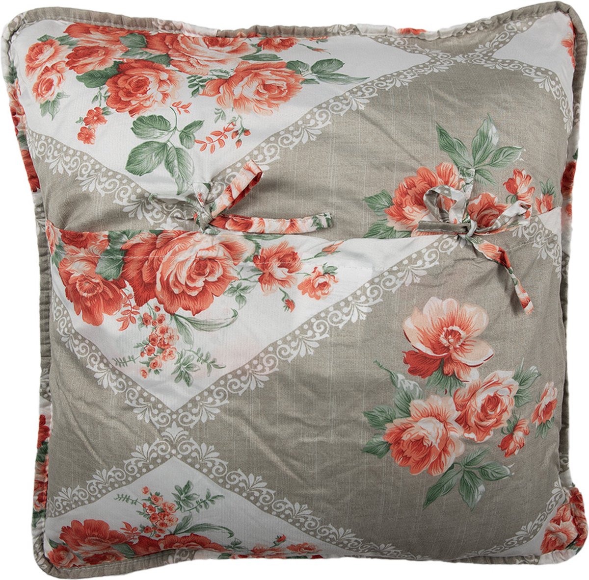 Clayre & Eef Kussenhoes 50x50 cm Grijs Roze Katoen Polyester Bloemen Sierkussenhoes