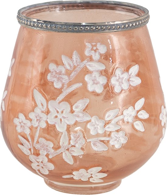 Clayre & Eef Glazen Theelichthouder Ø 13*14 cm Wit Roze Glas Metaal Rond Bloemen Waxinelichthouder Windlichthouder