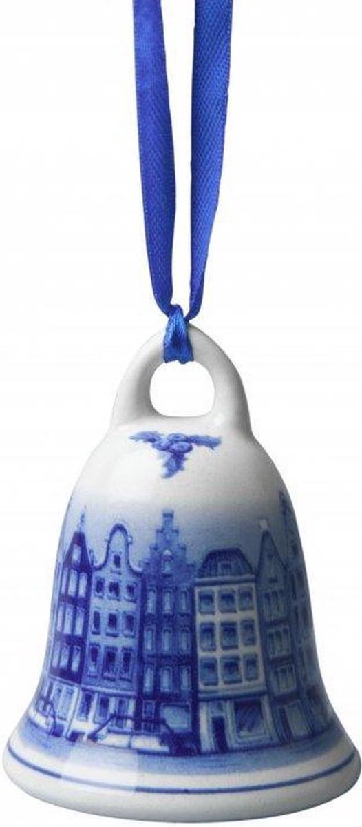 Kerstbel grachtenpanden - 2 stuks Keramiek - Heinen Delfts Blauw