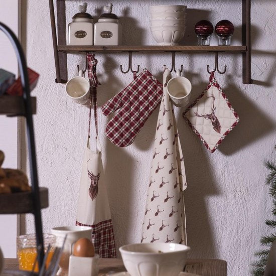 Clayre & Eef Keukenschort 70*85 cm Beige Rood Katoen Herten BBQ Schort Cadeau voor haar Kookschort