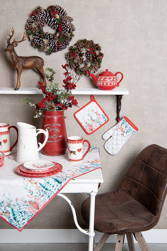 Clayre & Eef Broodmand 35*35*8 cm Creme Bruin Rood Groen 100% Katoen Vierkant Kerst en hert Broodmandje Bread Basket