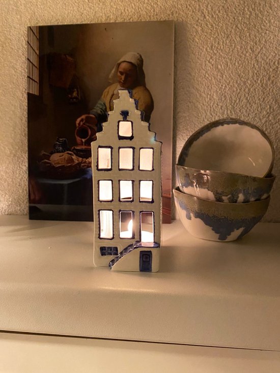 Waxinehouder Huis trapgevel Set van 2 | Heinen Delfts Blauw | Grachtenpand | Waxinelichthouder
