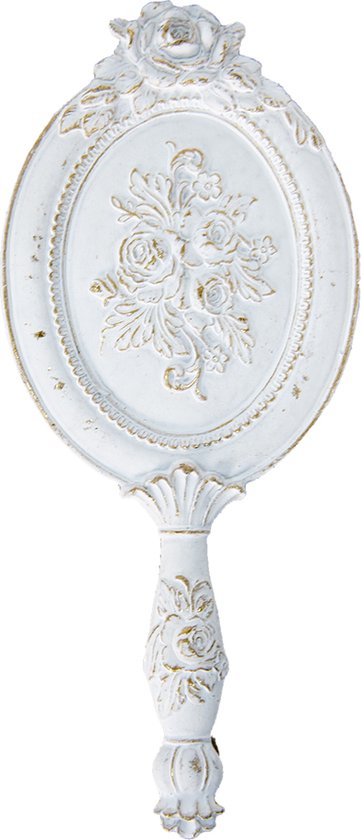 Clayre & Eef Handspiegel 10*1*25 cm Wit Goudkleurig Kunststof Glas Make up Spiegel Cadeau voor haar