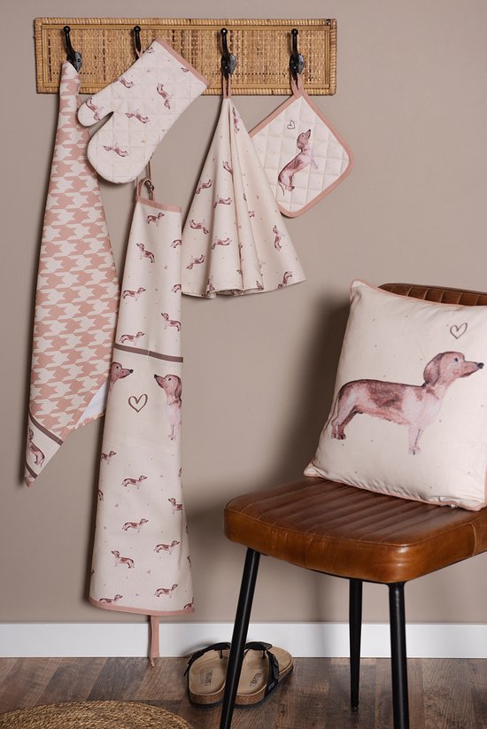 Clayre & Eef Keukenschort Kinderen 48x56 cm Beige Katoen Teckel Kookschort Keukentextiel Moeder dochter