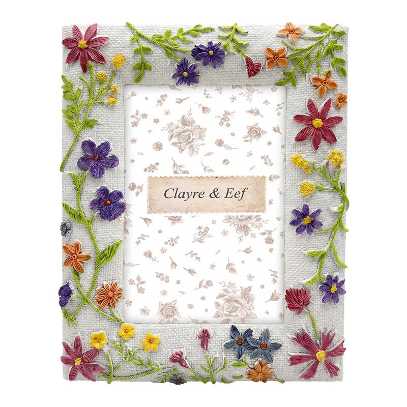 Clayre & Eef Fotolijst 10x15 Wit met Kleurrijke Bloemen – Decoratief Fotokader – Romantische Landelijke Stijl