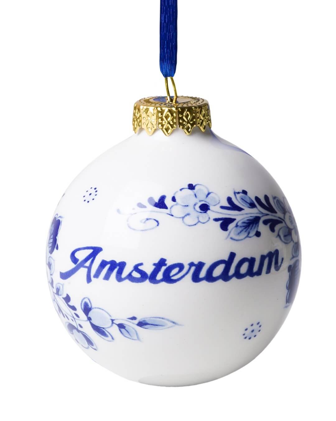 Heinen Delfts Blauw kerstbal - Amsterdam met bloemen - 2 stuks