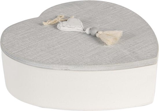 Clayre & Eef Opbergdoos 18*18*6 cm Grijs Wit Hout Hartvormig Hart Opbergbox