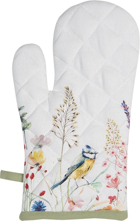 Clayre & Eef Ovenwant 16*30 cm Wit Groen Katoen Vogels en bloemen Ovenhandschoen Cadeau voor haar