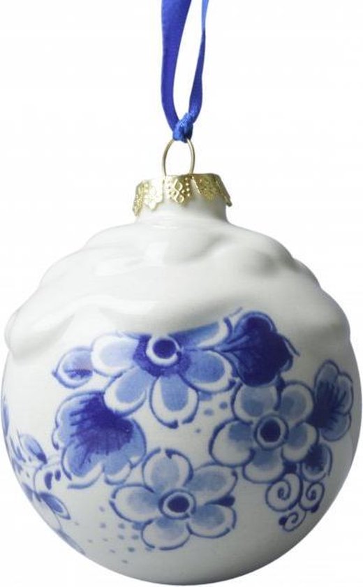 Kerstbal met sneeuw | Heinen Delfts Blauw | Keramiek | 2 stuks