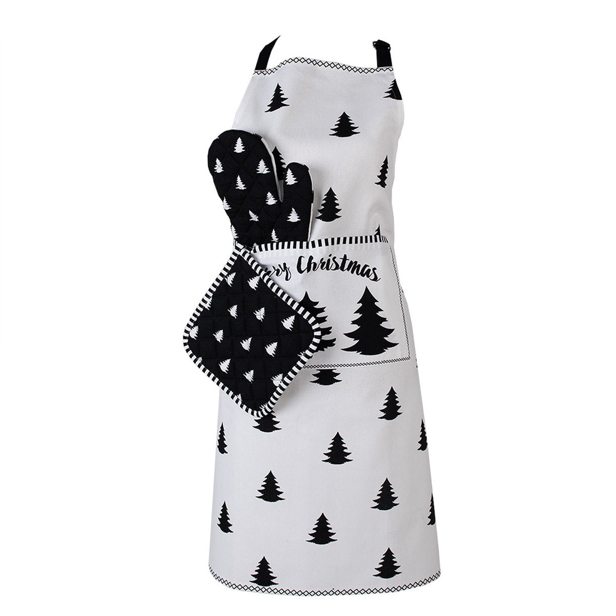Clayre & Eef Keukenschort 70x85 cm Wit Zwart Katoen Kerstboom Merry Christmas BBQ Schort