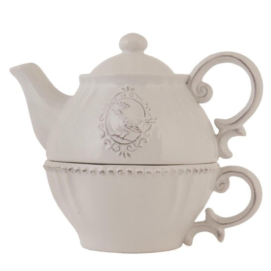 Clayre & Eef Tea for One 18*12*16 cm / 400 ml Beige Keramiek Rond Vogel Theepot set Cadeau voor haar Theepot met Kopje