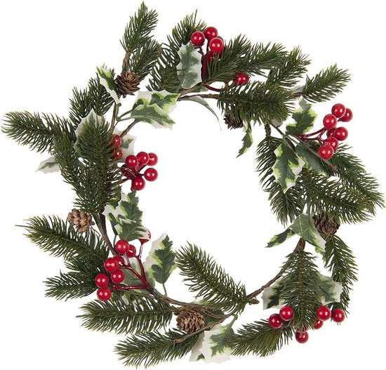 Clayre & Eef Decoratie Krans Ø 33 cm Groen Rood Hout Kunststof Rond Vlaskrans Deurkrans