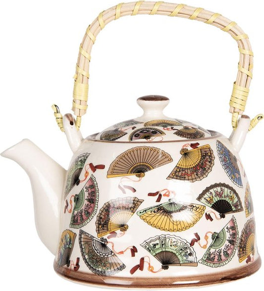 Clayre & Eef Theepot met Filter 800 ml Meerkleurig Porselein Rond Waaiers Theekan Cadeau voor haar Chinese Theepot