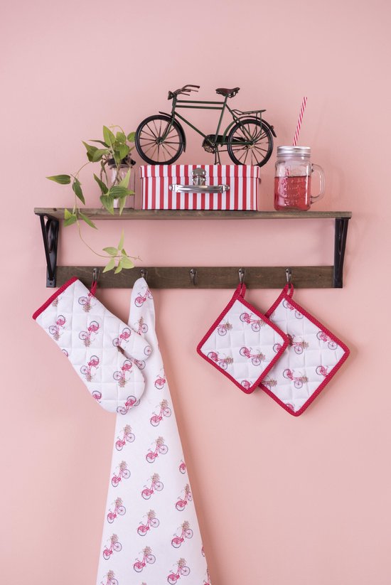 Clayre & Eef Keukenschort 70*85 cm Rood Wit Katoen Fiets BBQ Schort Cadeau voor haar Kookschort