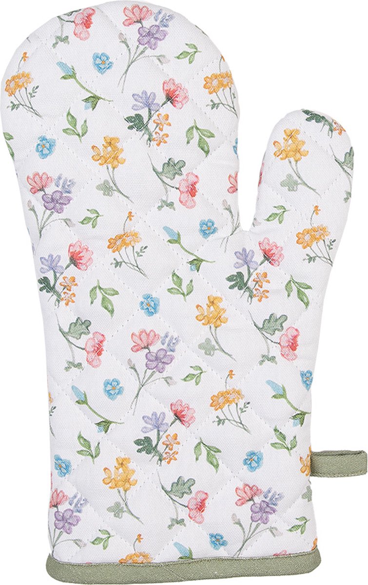 Clayre & Eef Ovenwant 18x30 cm Wit Groen Katoen Bloemen