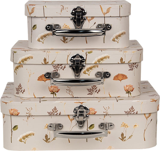 Clayre & Eef Opbergdoos Set van 3 Boeken (3) 30x21x9 / 25x18x9 / 20x16x8 cm Beige Karton Rechthoek Bloemen