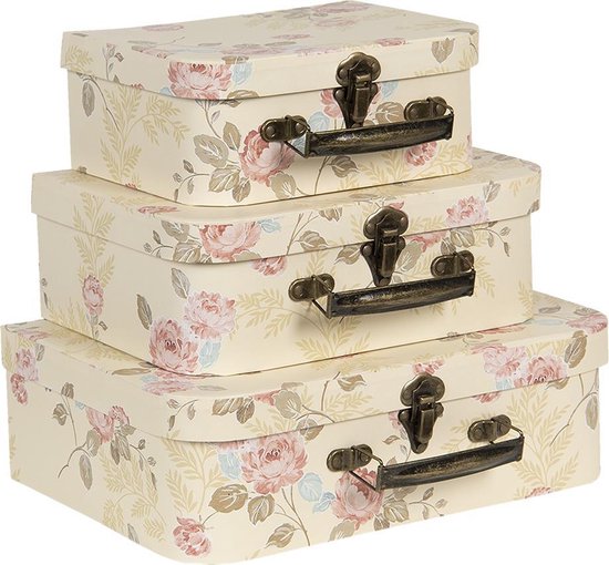 Clayre & Eef Decoratie koffer Set van 3 30*21*9 cm Meerkleurig Karton Rechthoek Bloemen Opbergkoffer Koffer