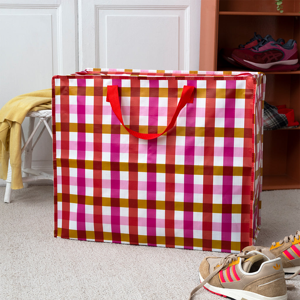 Rex London Jumbo Opbergtas Pink Gingham – XXL Verhuistas met Rits – Grote Opbergzak voor Was, Beddengoed & Opslag