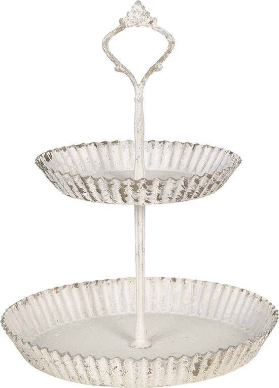 Clayre & Eef Etagère Ø 19*26 cm Wit Ijzer Rond Taartplateau op voet Serveerschaal