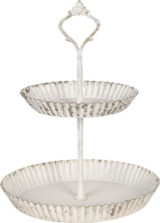 Clayre & Eef Etagère Ø 19*26 cm Wit Ijzer Rond Taartplateau op voet Serveerschaal