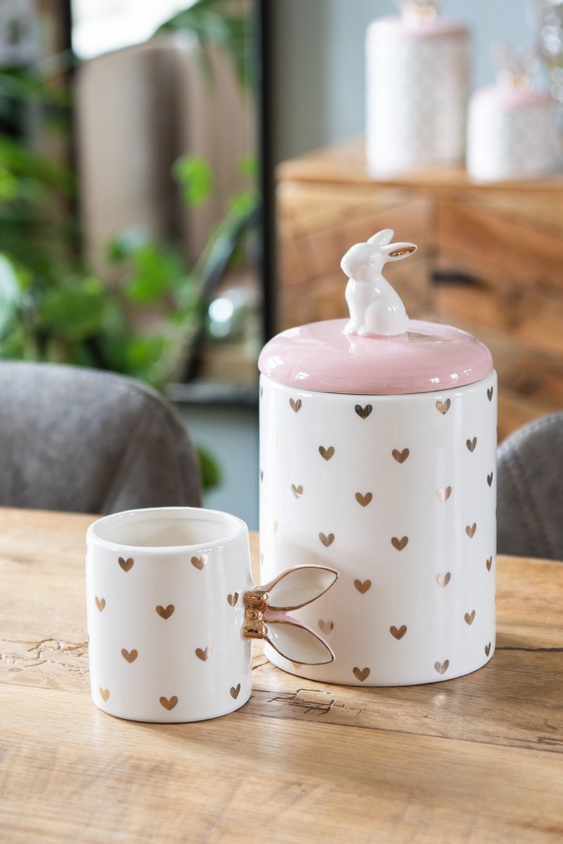 Clayre & Eef Voorraadpot Konijn Ø 13x30 cm Roze Wit Keramiek Hartjes Voorraadpot Deksel