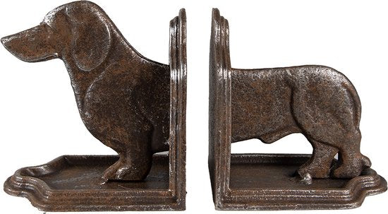 Clayre & Eef Boekensteunen Set van 2 Hond Teckel 23x8x13 cm Bruin Ijzer Boekenhouders Boekensteun