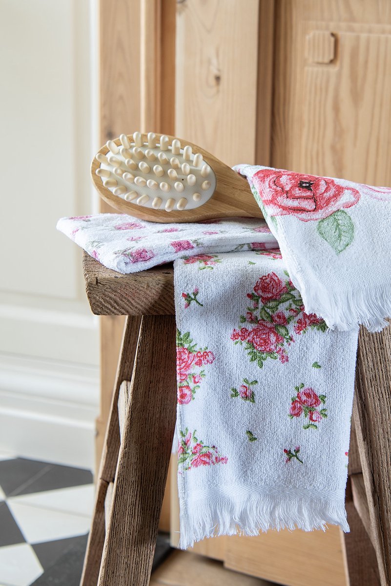 Clayre & Eef Gastendoekje 40x66 cm Wit Roze Katoen Roosjes Toilet Handdoek