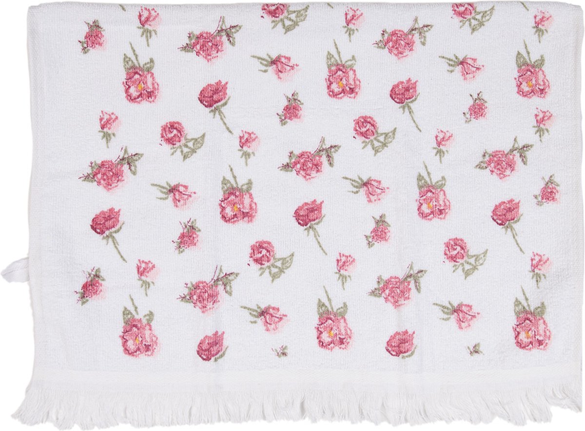 Clayre & Eef Gastendoekje 40x66 cm Wit Roze Katoen Roosjes Toilet Handdoek